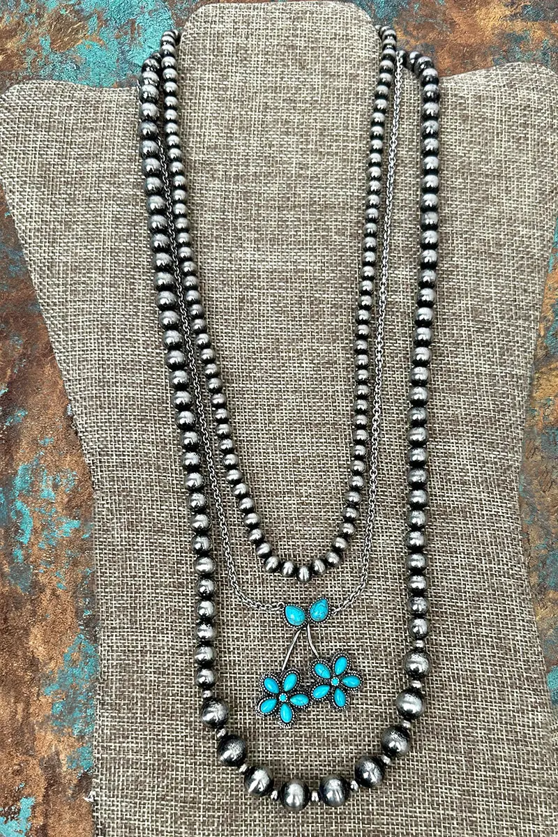 Turquoise Canyon Cherry Silver Pearl Layered Necklace