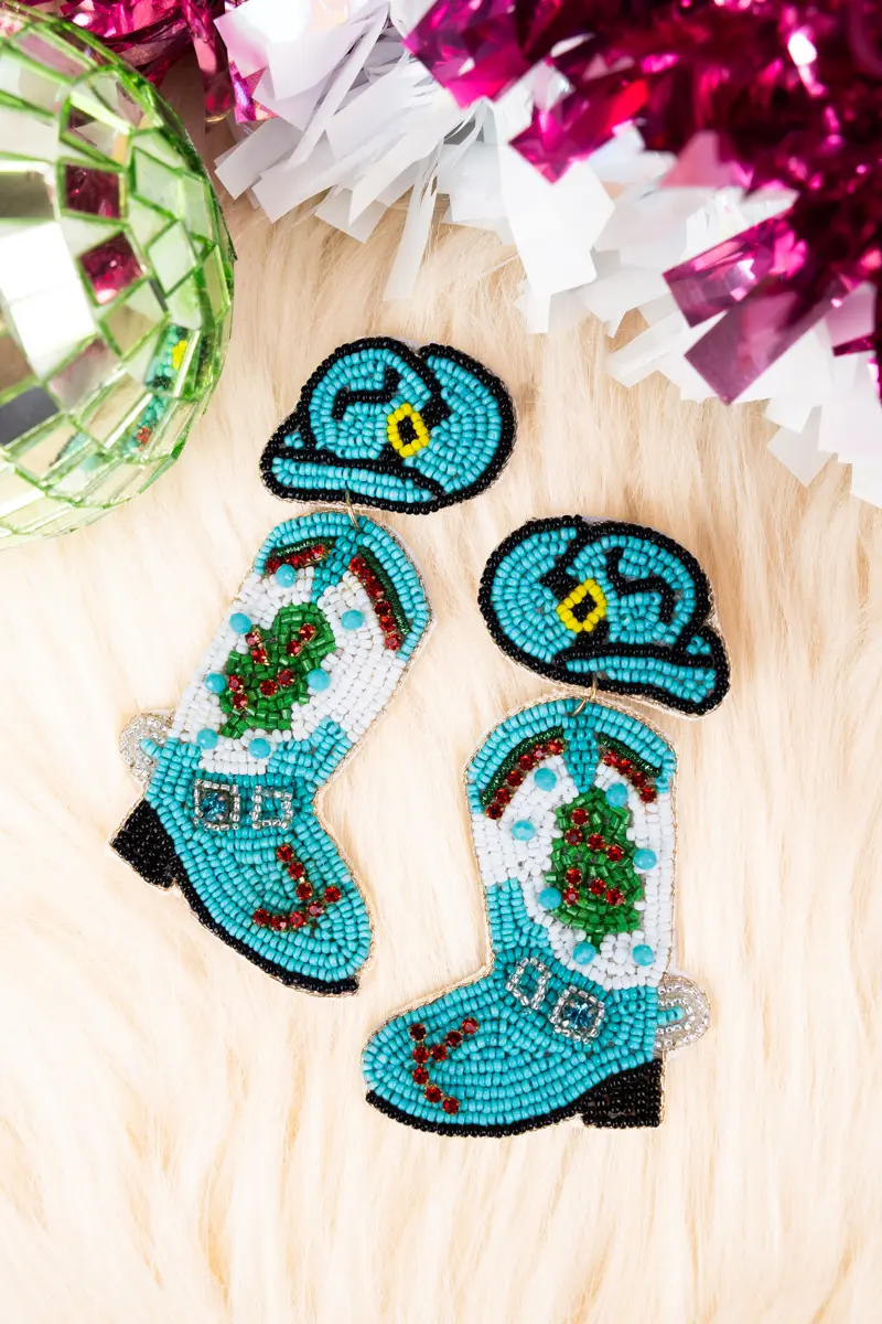 Turquoise Christmas Boots Seed Bead Earrings