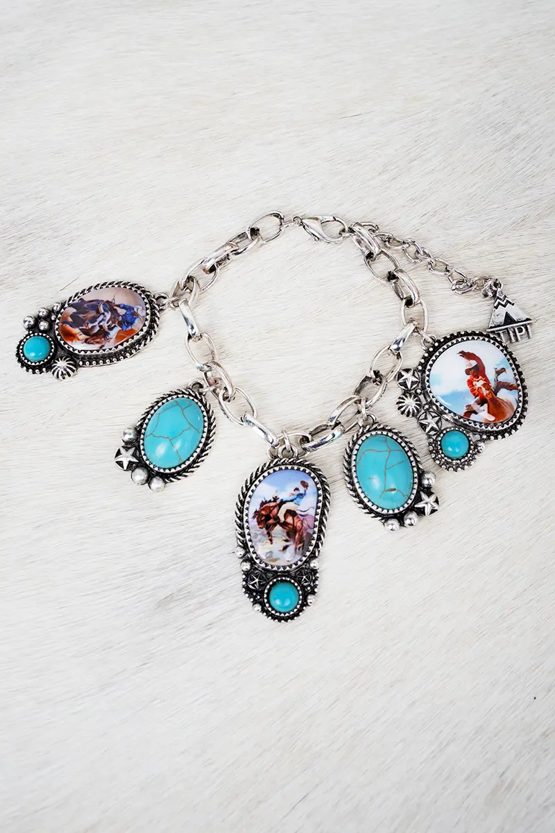 Turquoise Frontier Legend Silvertone Charm Bracelet