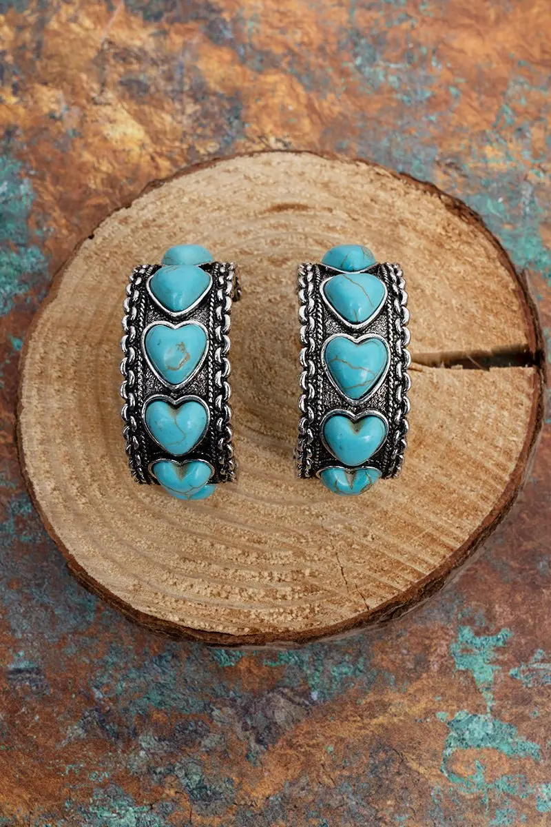 Turquoise Hearts on the Range Silvertone Hoop Earrings