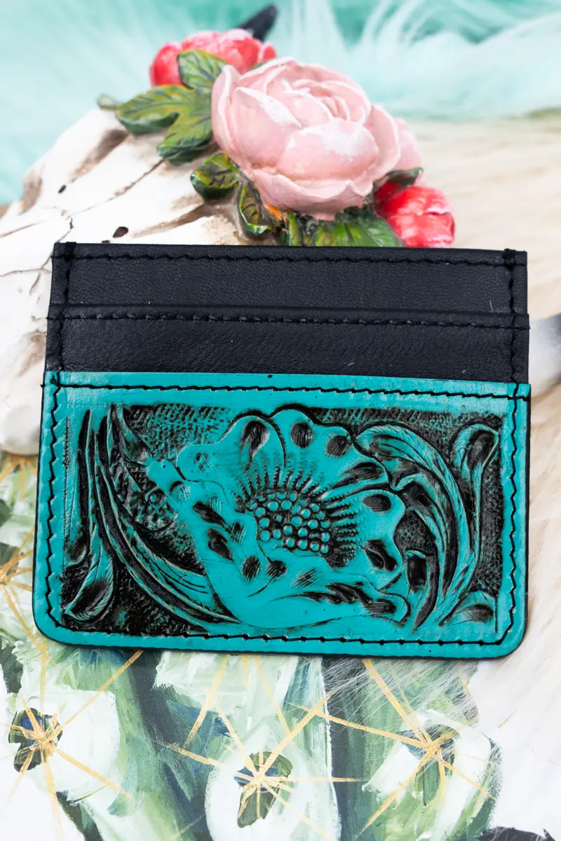Turquoise Las Flores Tooled Card Wallet