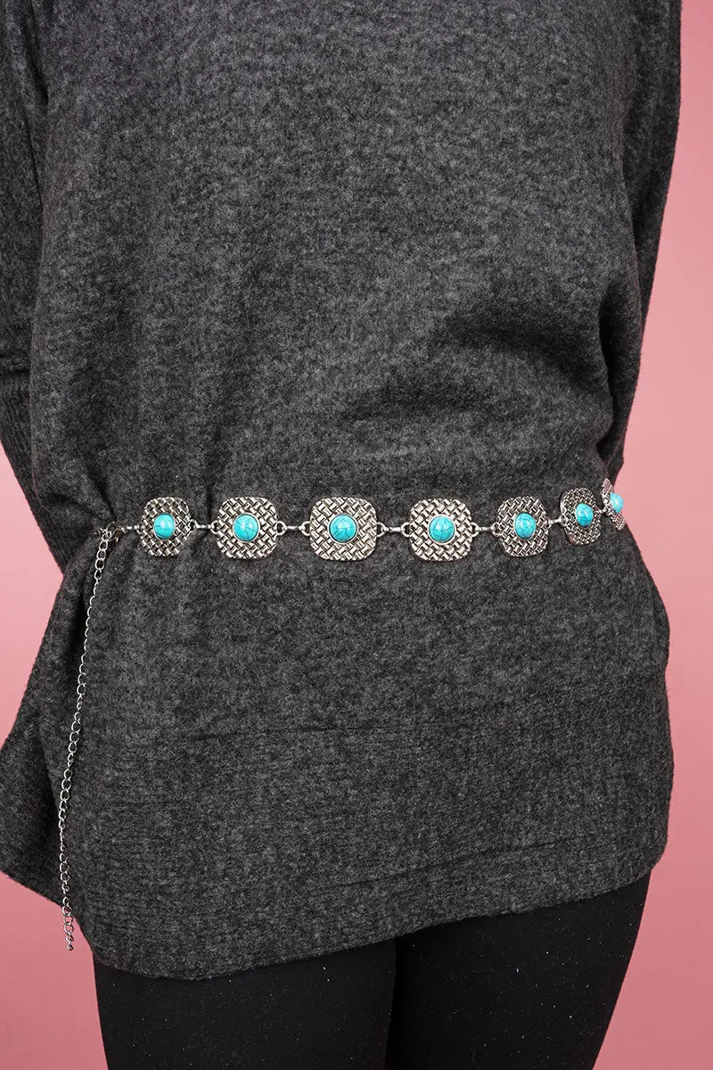 Turquoise Moon Over Mesa Silvertone Belt