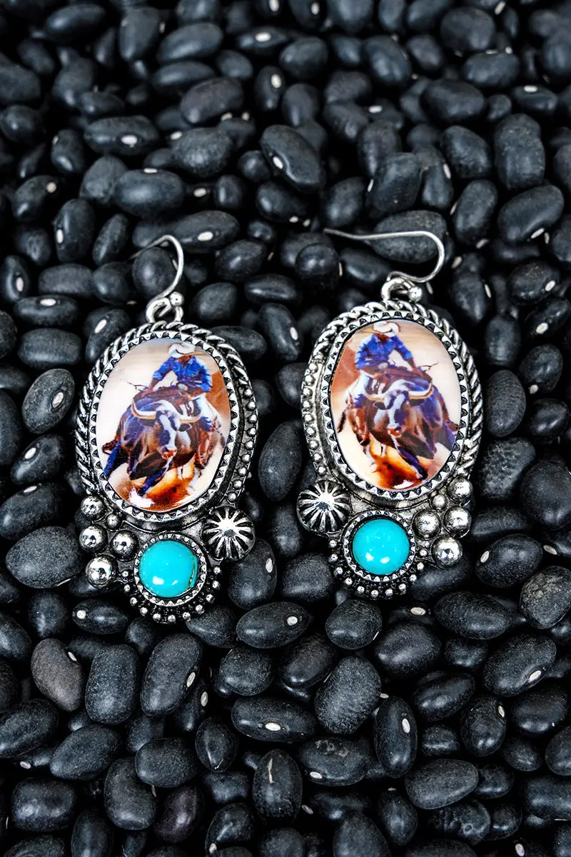 Turquoise Rider's Glory Silvertone Earrings