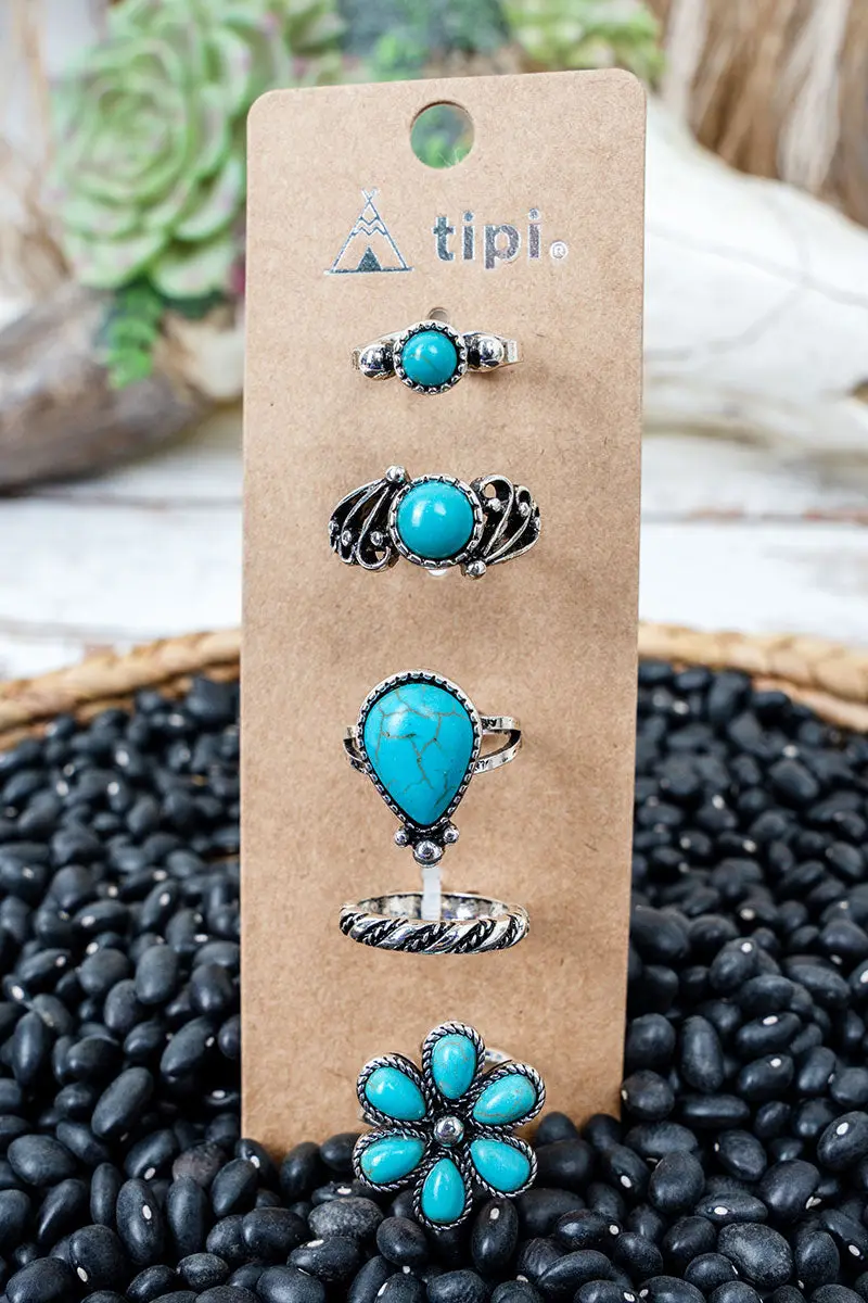 Turquoise Trail Mix Silvertone Ring 5 Piece Set