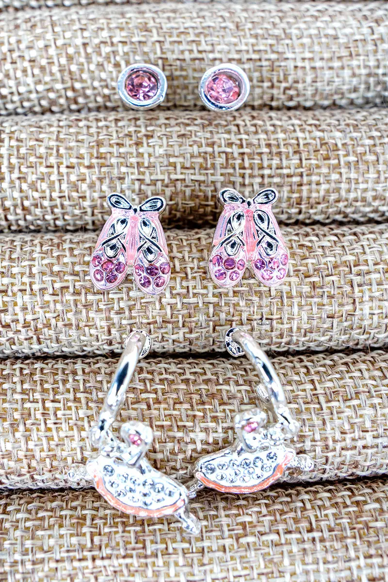 Twinkle Toes Pink Stud and Hoop Earrings 3 Pair Set