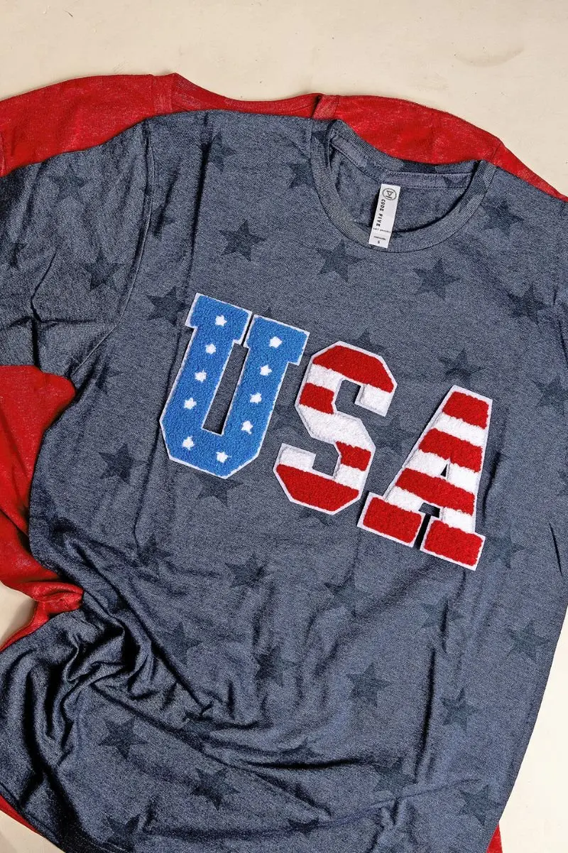 USA American Flag Patch Unisex Five Star Tee