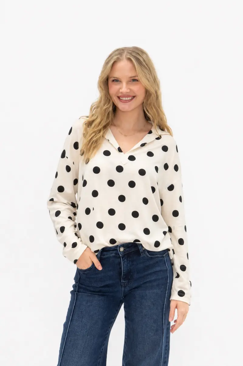 V-Neck Collared Pullover - Polka Dot
