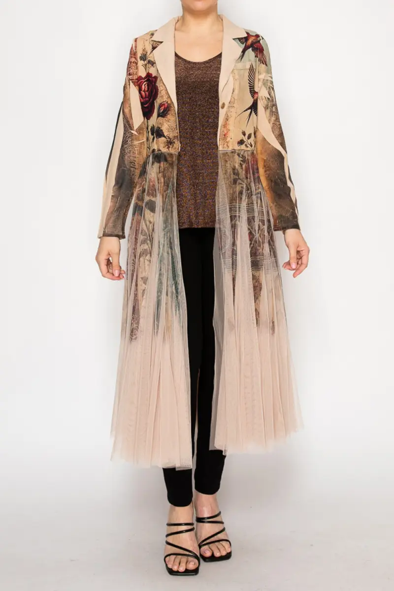 Vintage Bird Print Blazer With Long Mesh Layer