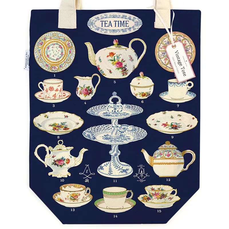 Vintage Print Canvas Tote Bag - Tea Time