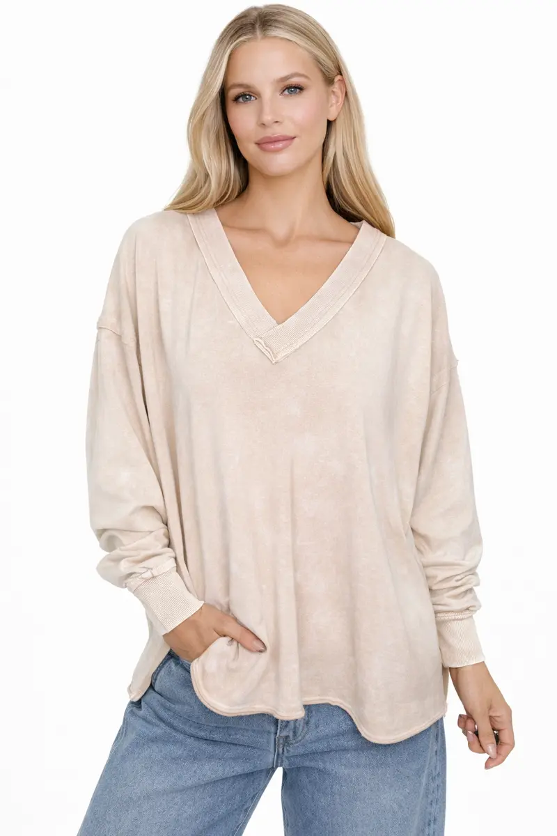 Washed V-Neck Pullover Top