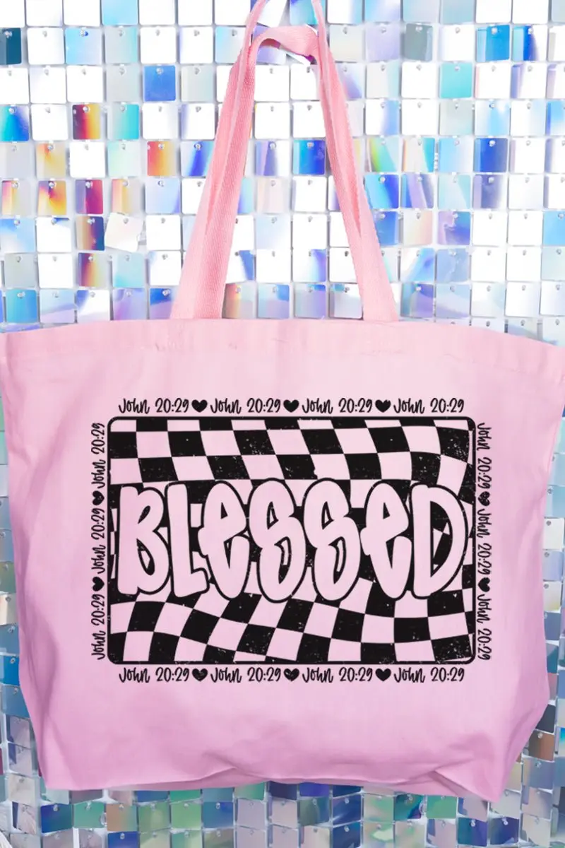 Wavy Checkered Blessed Canvas Jumbo Tote