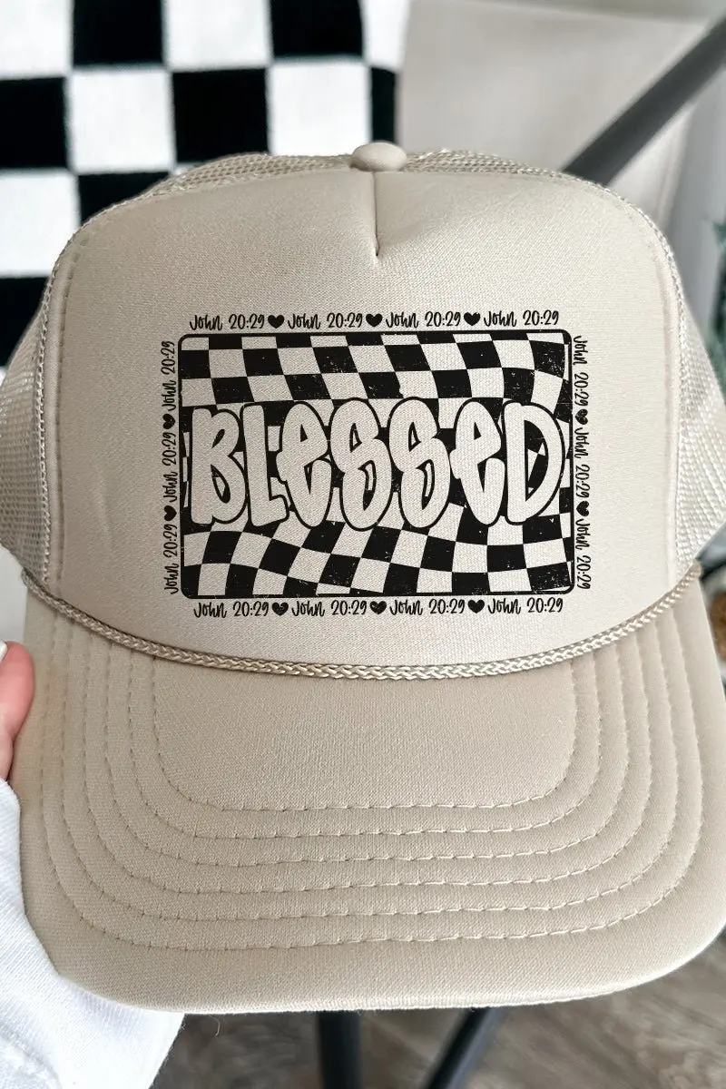 Wavy Checkered Blessed Otto Khaki Foam Front Trucker Hat