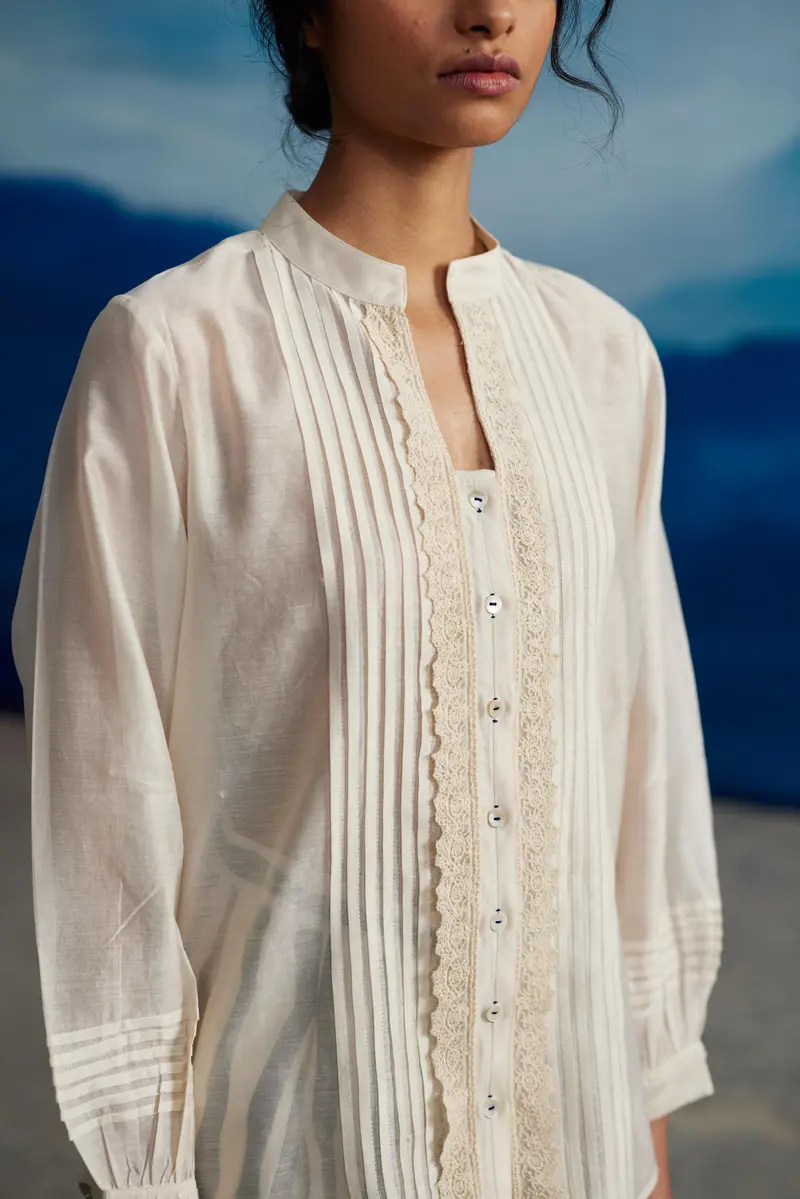 White Chanderi Collared Shirt With Lace