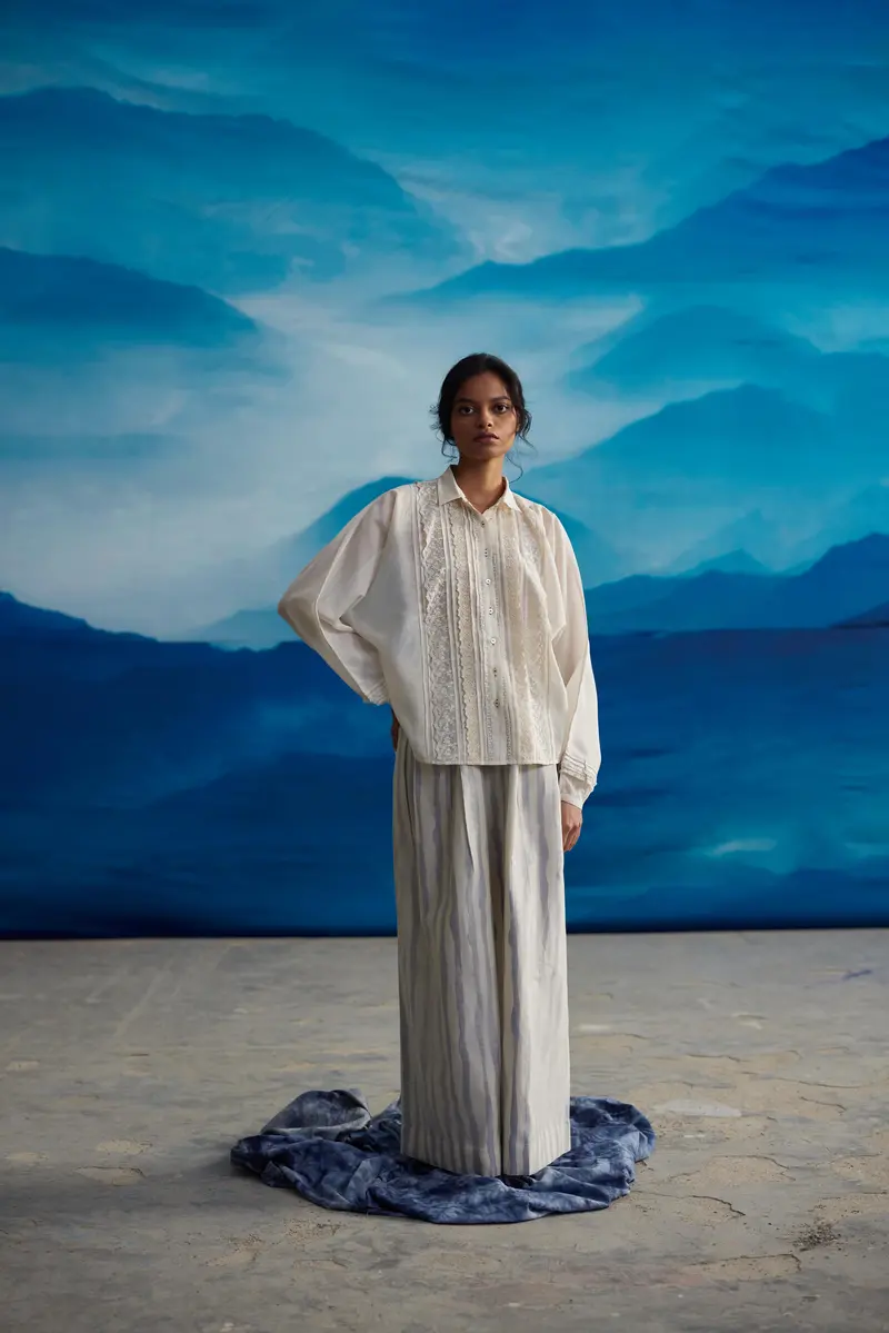 White Chanderi Laced Shirt With Pleats
