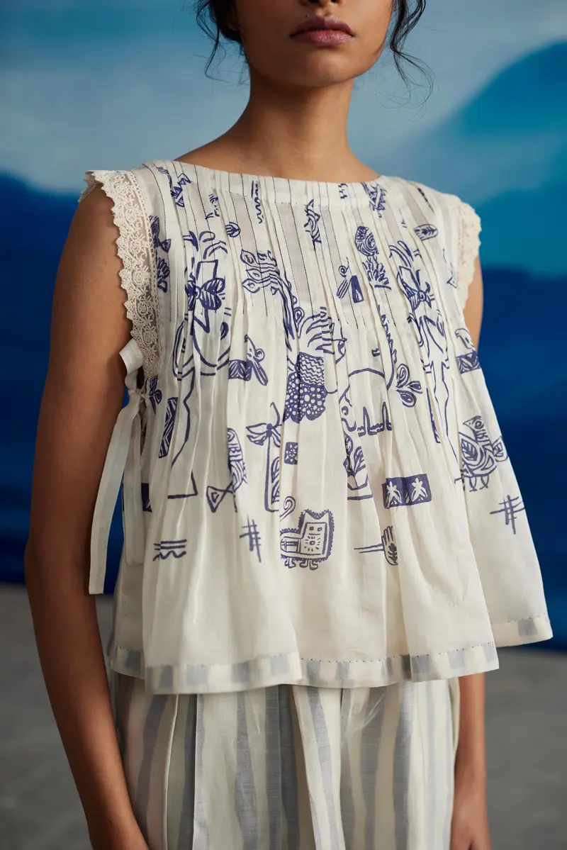 White Chanderi Printed Blouse