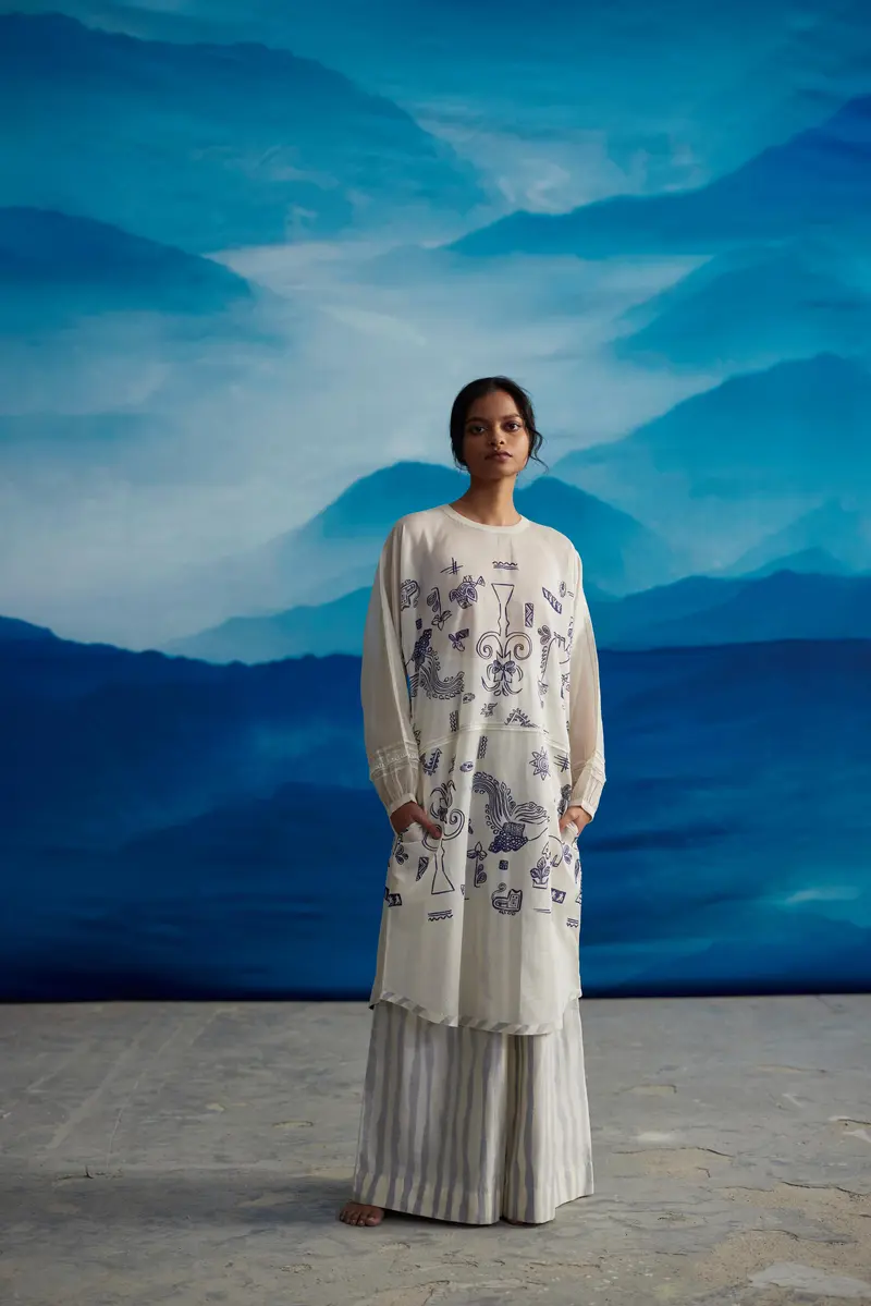 White Chanderi Printed Kurta