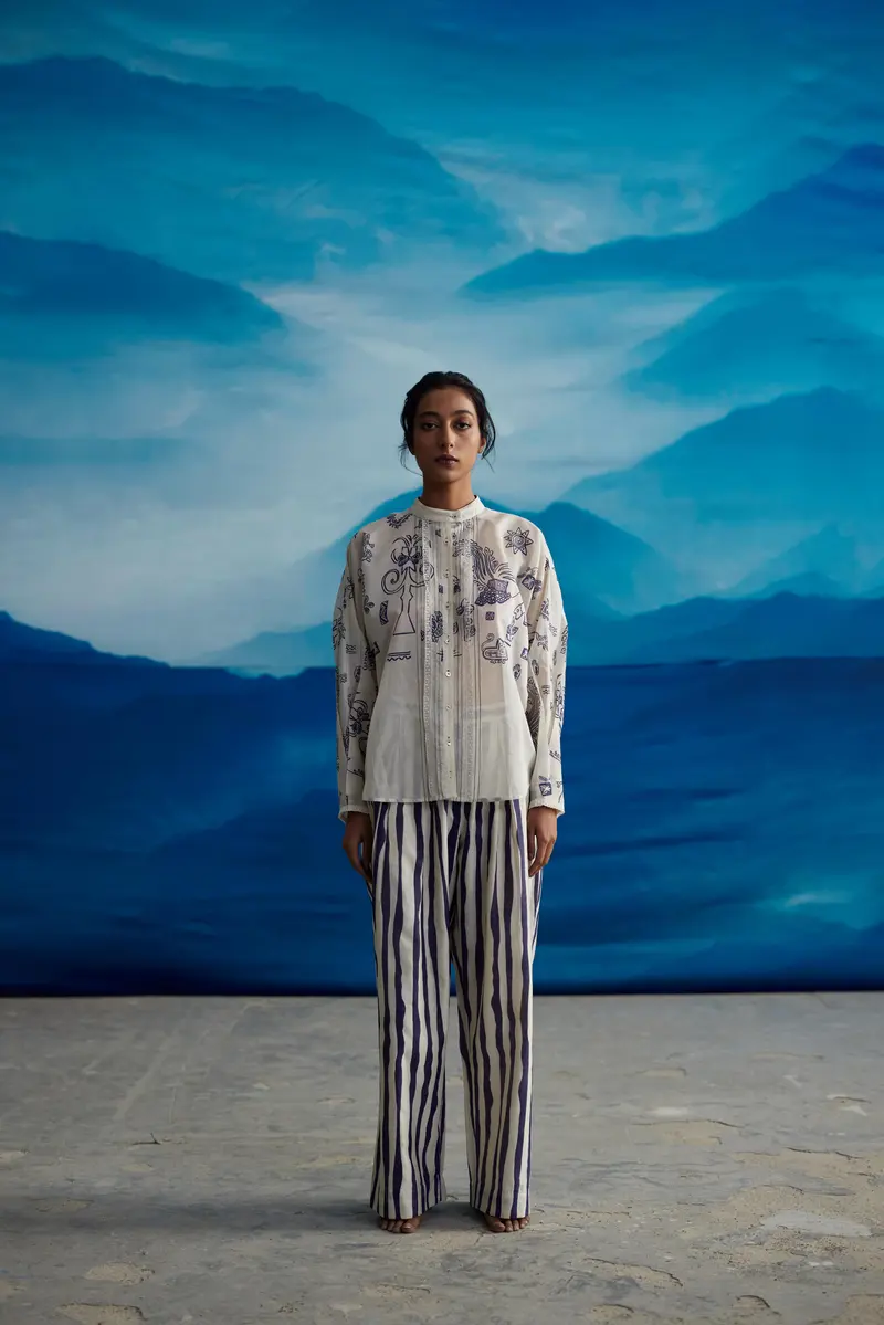 White Chanderi Printed Shirt With Lace
