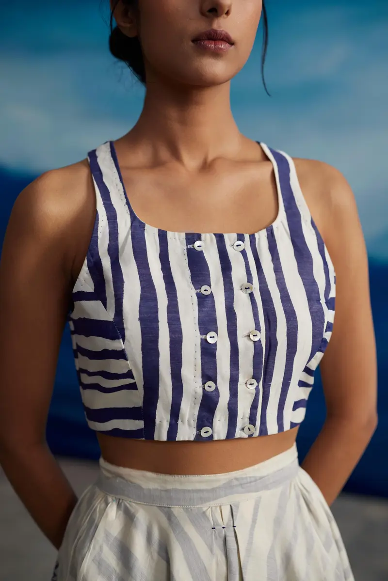 White Chanderi Striped Crop Top
