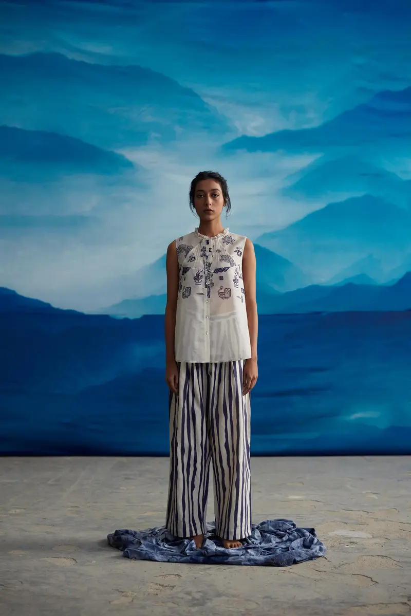 White Chanderi Striped Pant