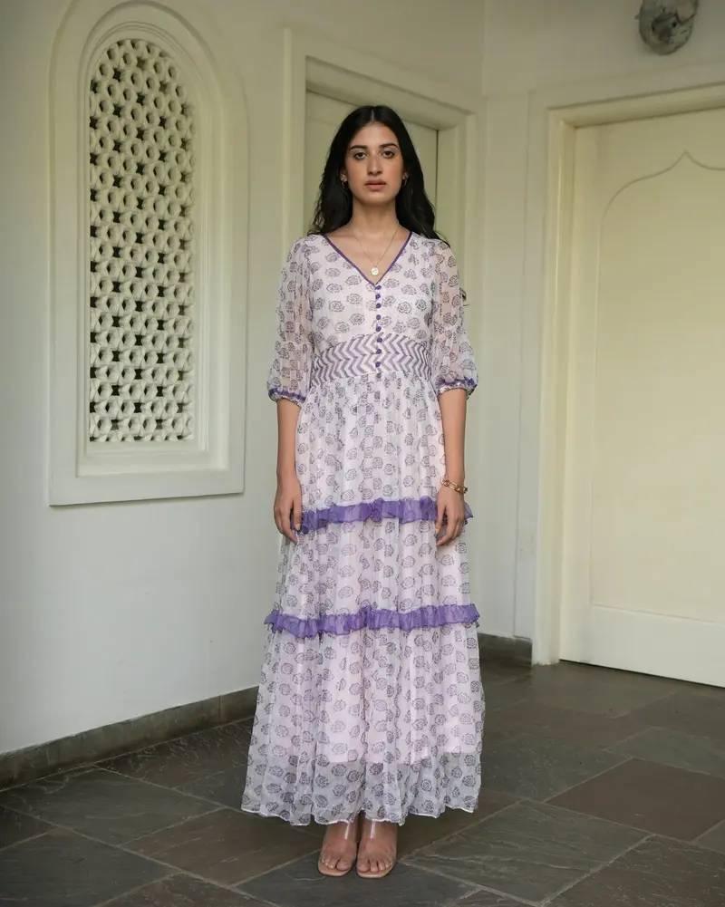 White Chiffon Printed Tiered Dress