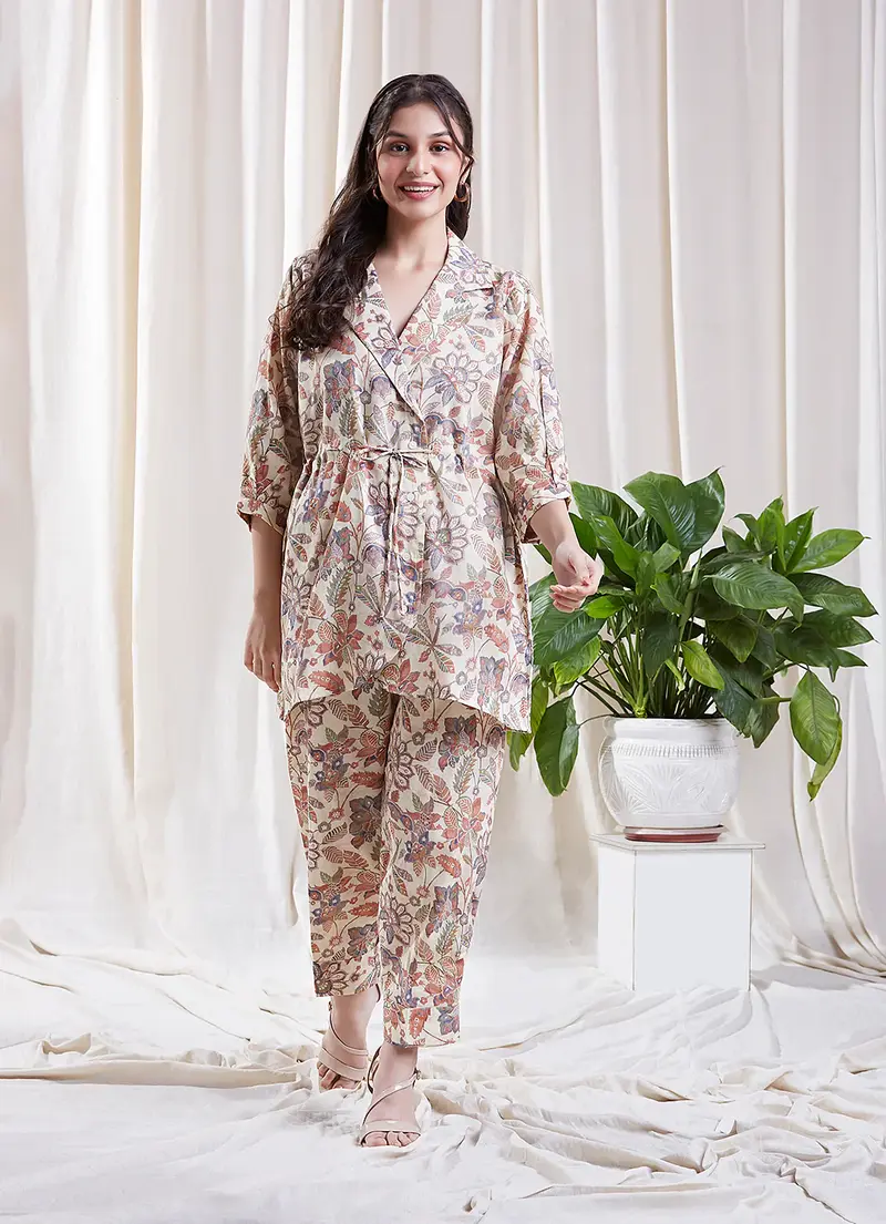 White co-ord set with Floral Print Set