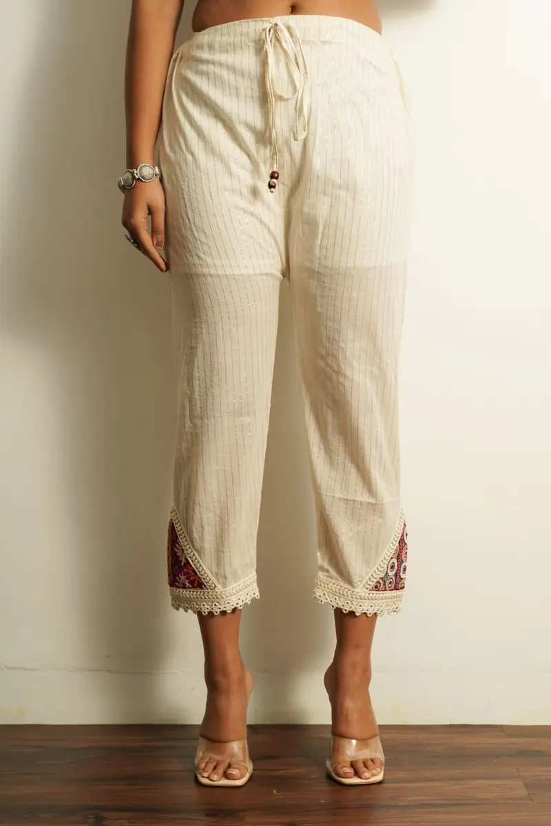 White Cotton Embroidered Pant