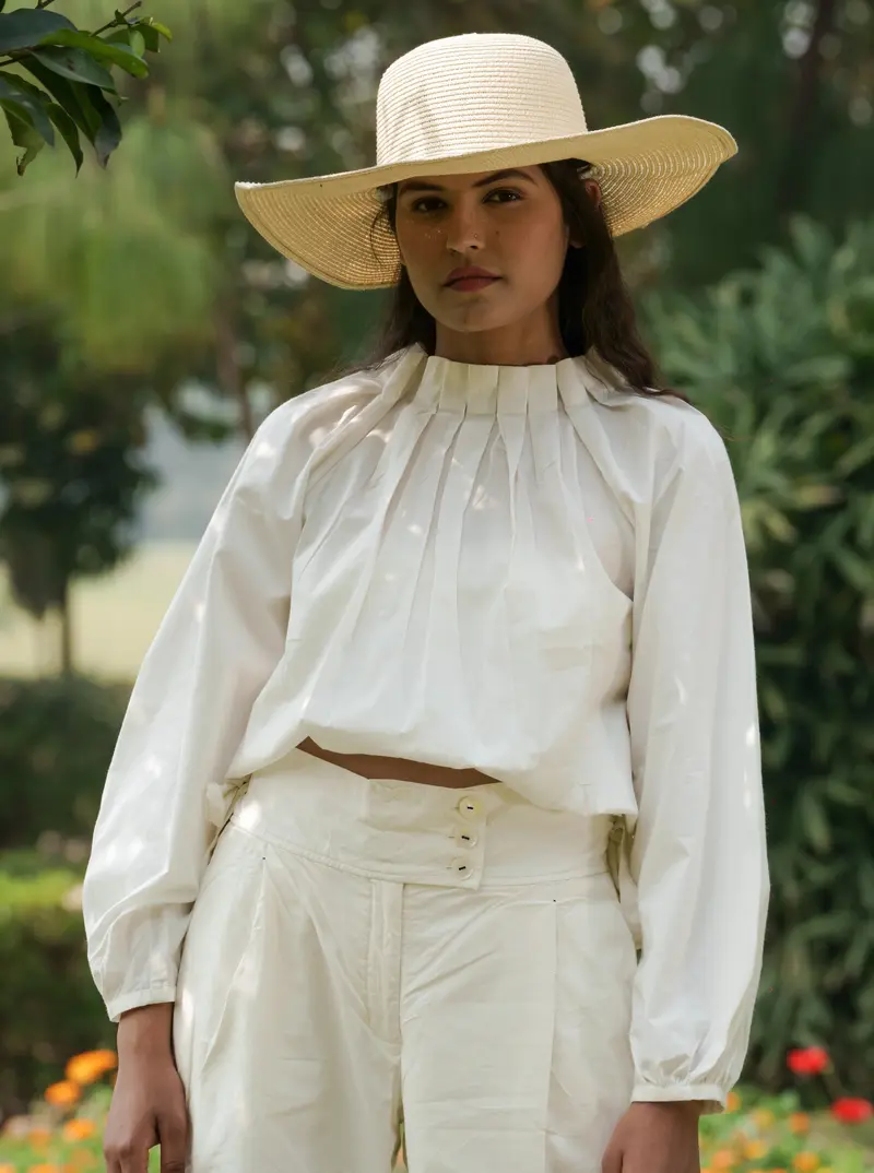 White Cotton Pleated Top