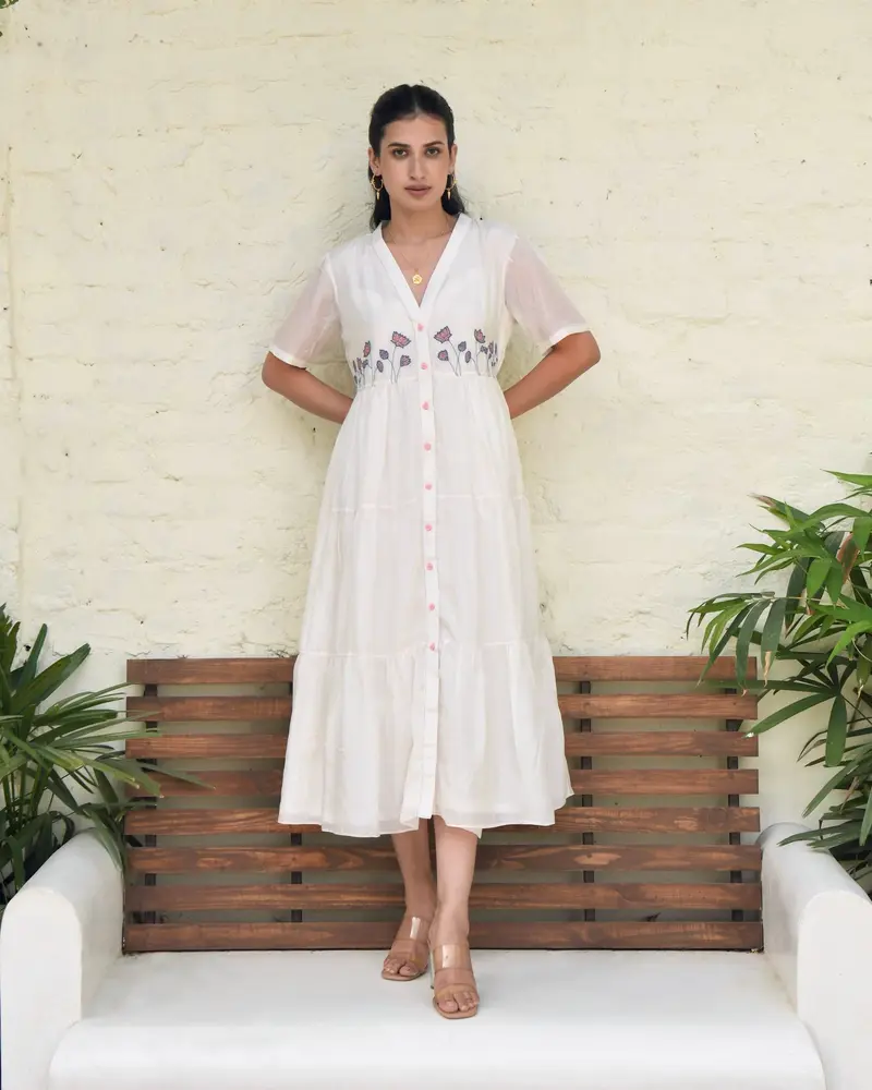 White Embroidered  Silk Maxi Dress