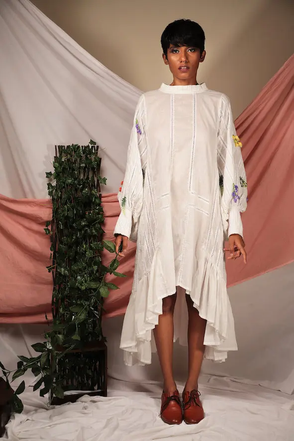 White Full Sleeves Ruffled Dress