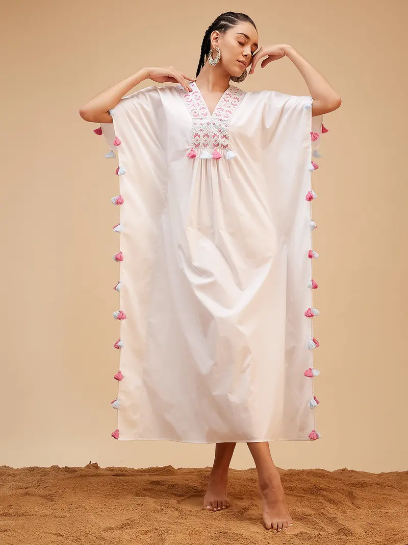 White Hand Embroidered Tassled Kaftan