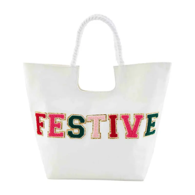 White Holiday Patch Tote by Mudpie