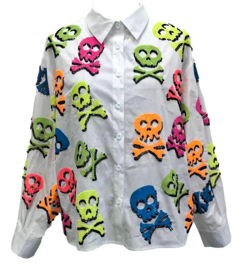 White Neon Skull and Crossbones Button-Up Top