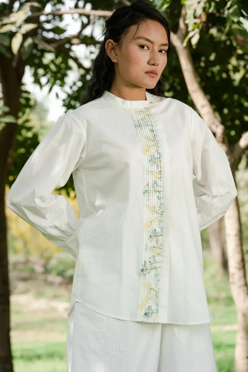 White Pleated Placket Shirt