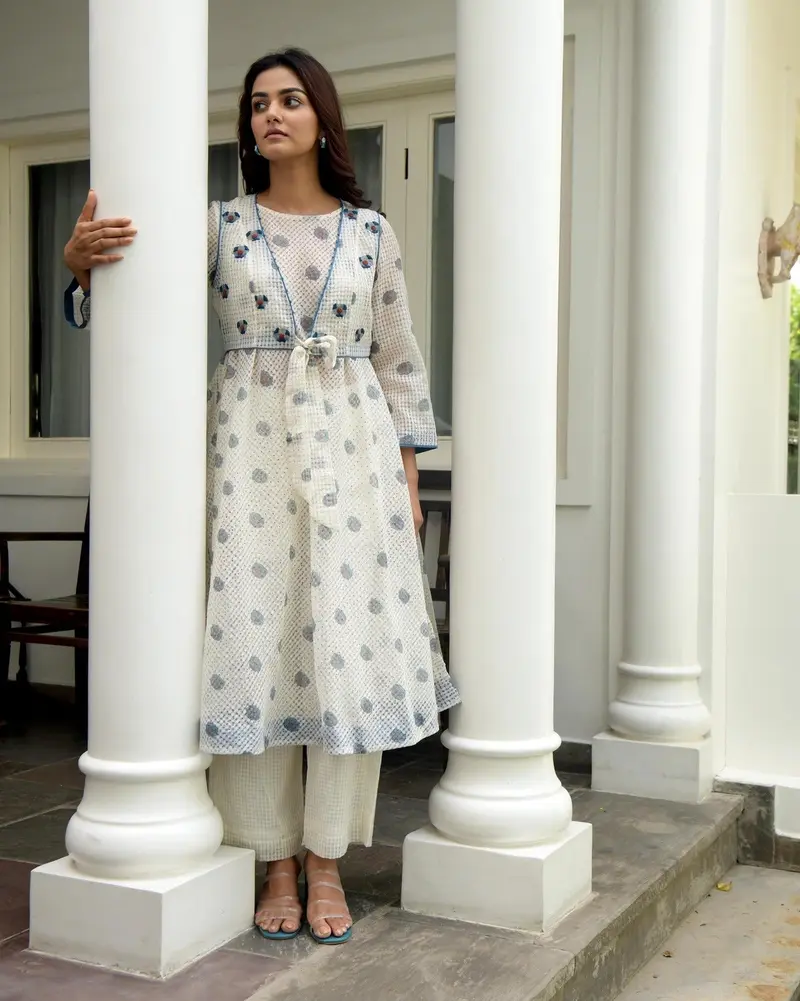 White Printed Cotton Midi Dress With Jacket