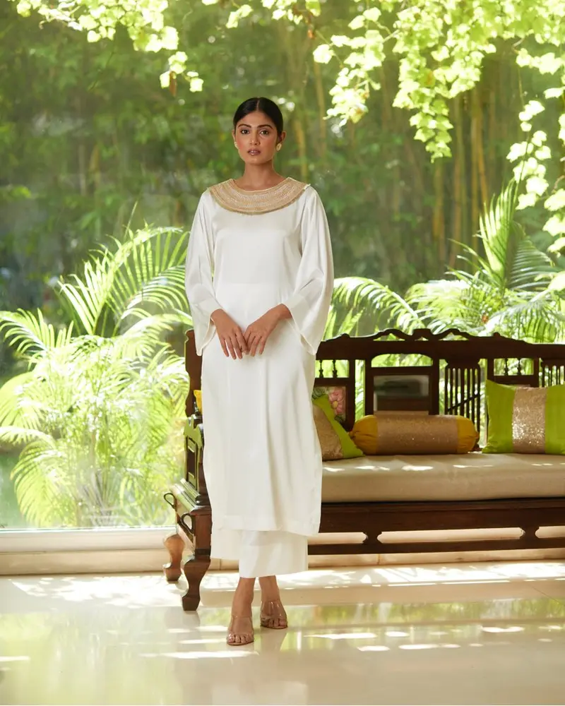 White Satin Silk Kurta Pant Set