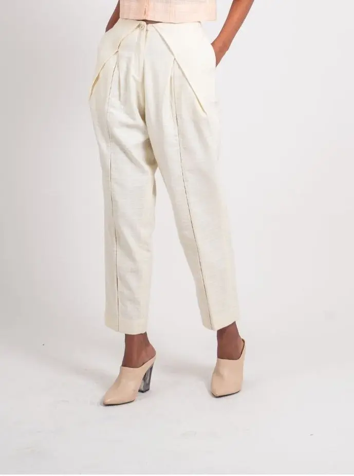 White Textured Pleated Pant