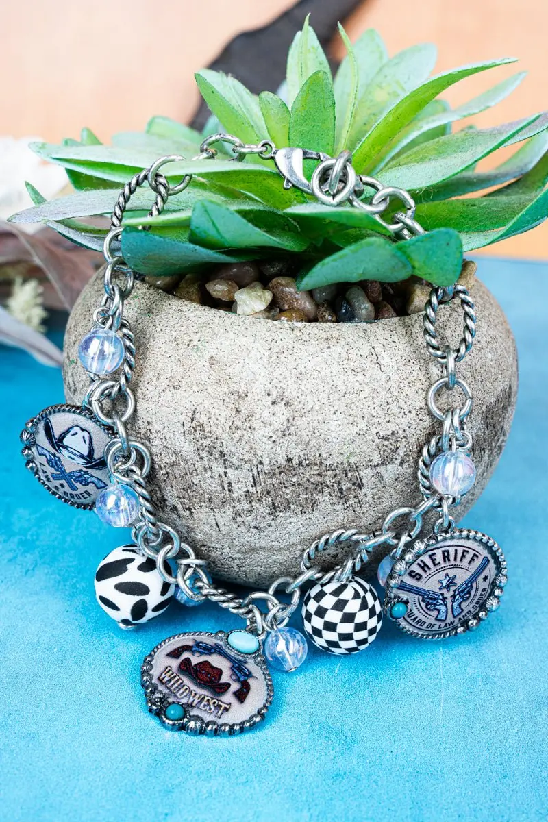 Wild West Sheriff Silvertone Charm Bracelet