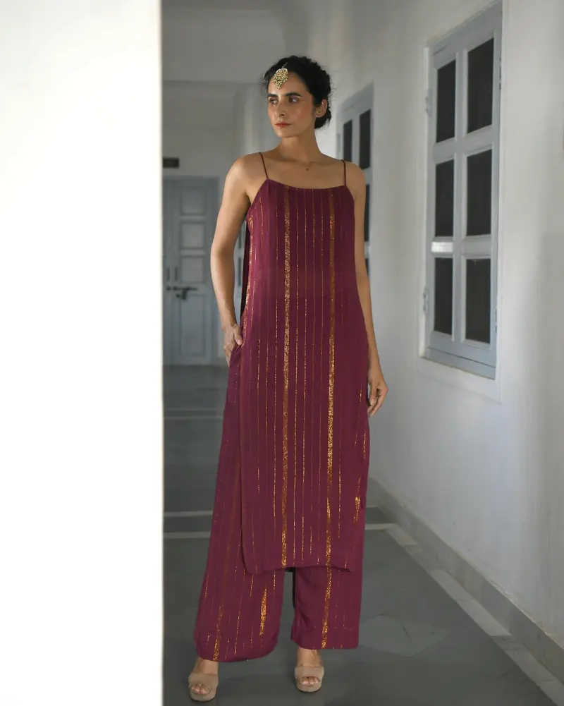 Wine Chanderi Silk Kurta Set With Zari