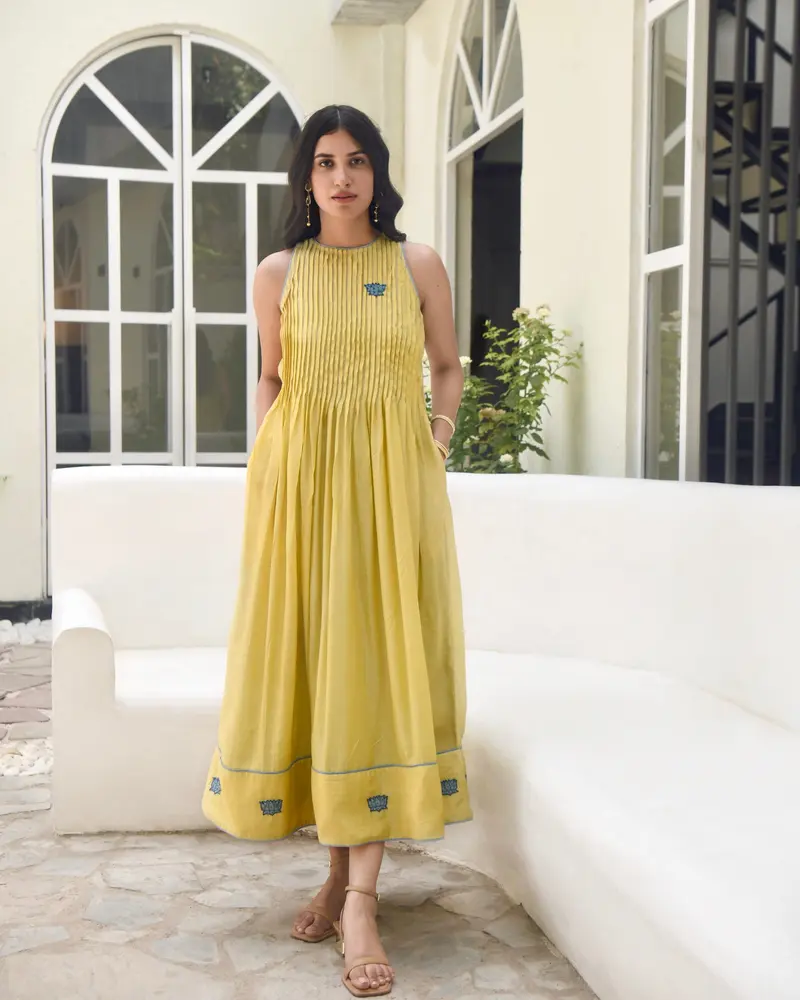 Yellow Embroidered Silk Maxi Dress