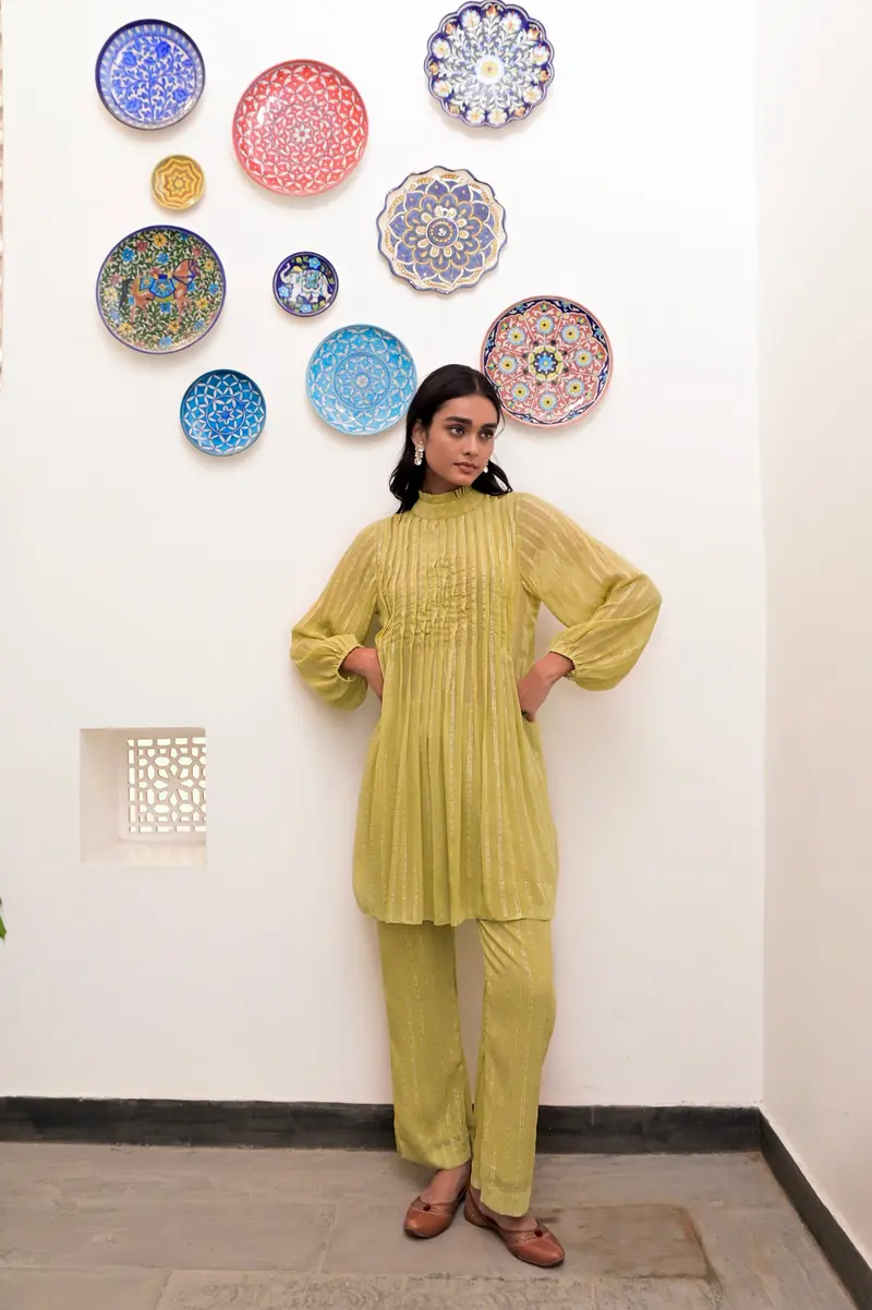Yellow Fan Pleated Collar Co-ord Set
