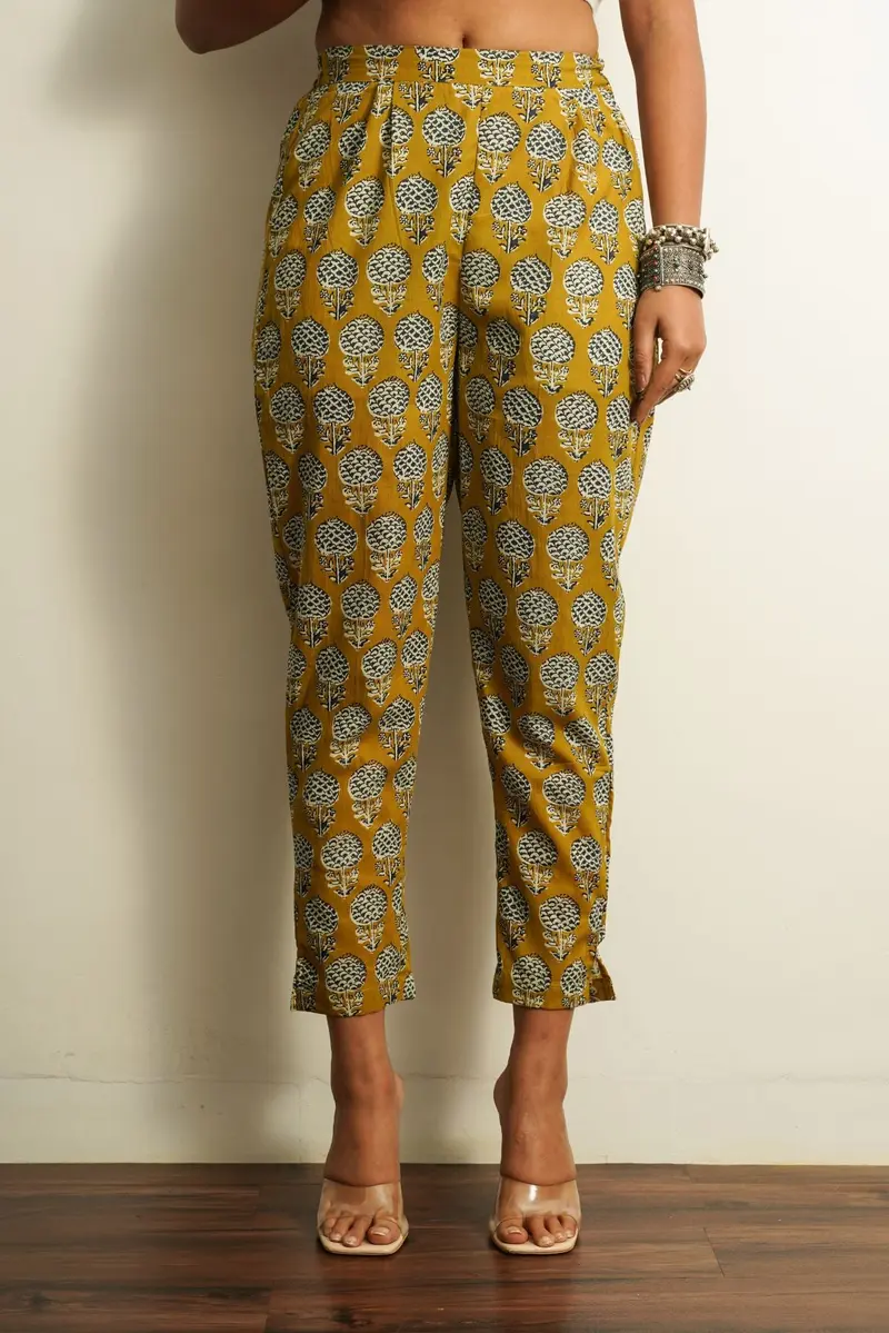 Yellow Printed Cotton Straight Pant