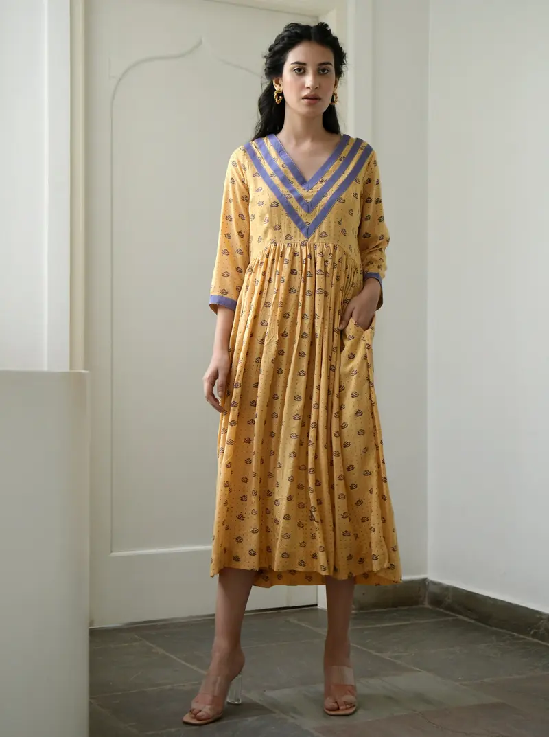 Yellow Printed Midi Dress