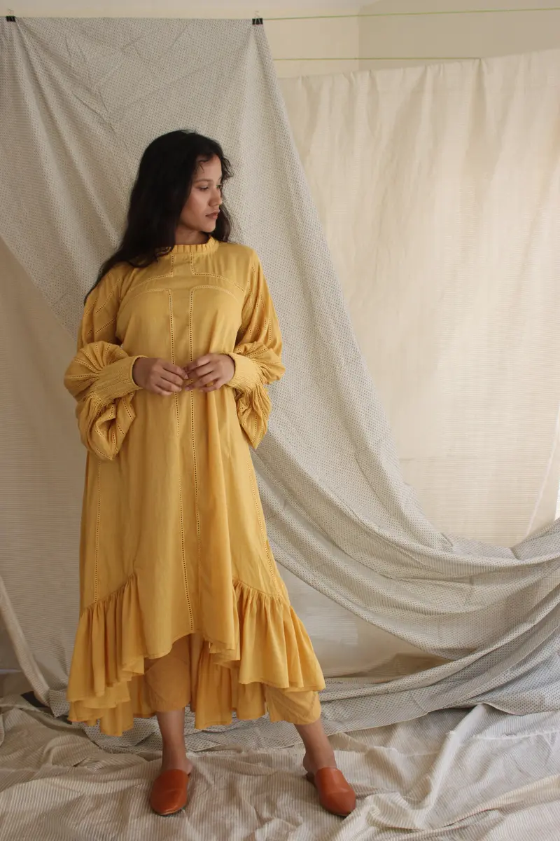 Yellow Ruffled Full Sleeves Dress